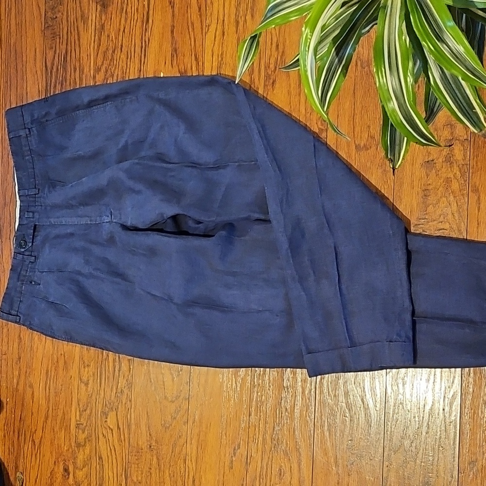Faconnable Linen Pleated Front Cuffed Trouser Navy Blue Size 36